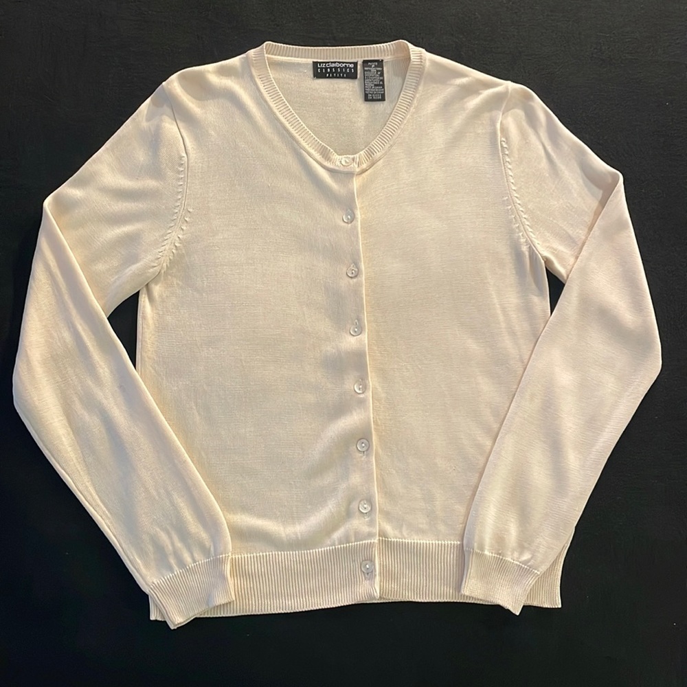 Liz Claiborne Classics ‘Petite’ Silk Cardigan Sweater in Cream